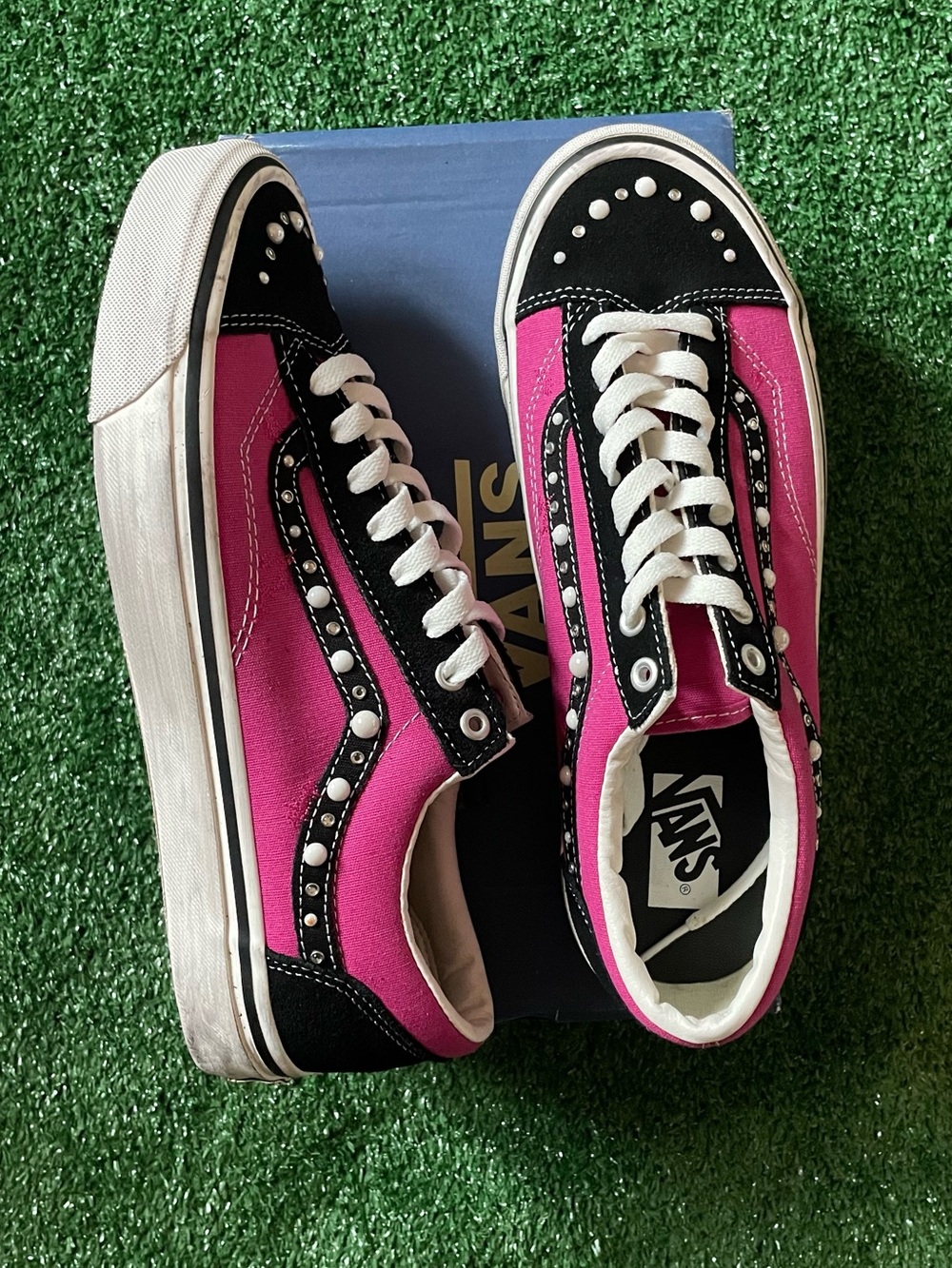 Vans Pink and Black Studded Old Skool Low-Top Sneakers